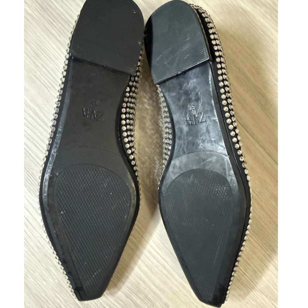 ZARA Studded Ballet Flats Womens US 7 Black Rhinestone Slip On Shoes - Picture 9 of 11
